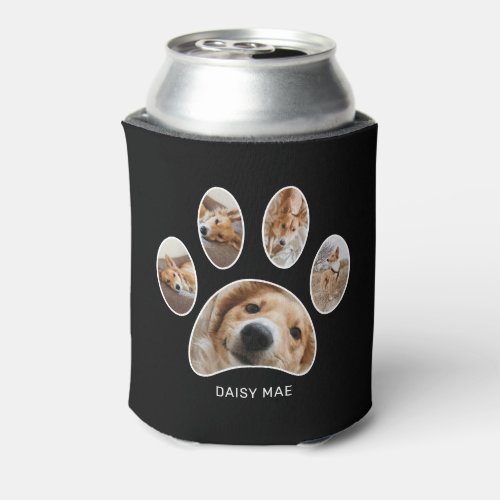 Pet Lovers Paw Print Name Photo Collage Black Can Cooler