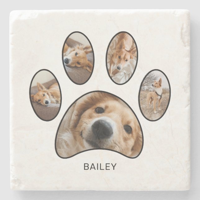 Pet Lovers Paw Print Photo Collage Personalized Stone Coaster (Front)