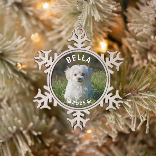 Pet Lovers Paw Prints Custom Christmas Photo Snowflake Pewter Christmas Ornament