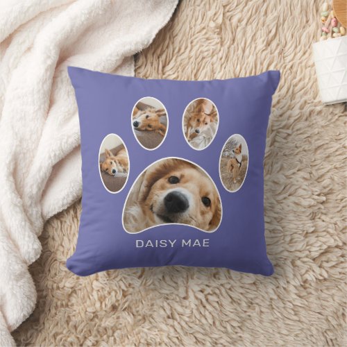 Pet Lovers Periwinkle Paw Print Name Photo Collage Throw Pillow