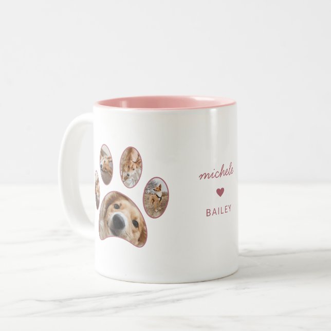 Pet Lovers Pink Paw Print Name Photo Collage Two-Tone Coffee Mug (Front Left)