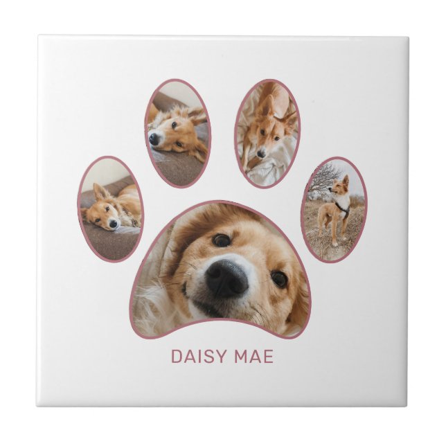 Pet Lovers Rose Gold Paw Print Name Photo Collage Ceramic Tile (Front)