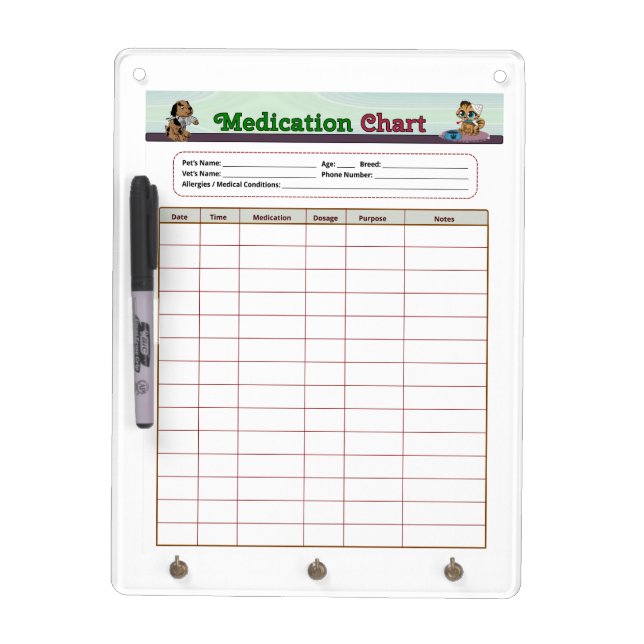 Pet Medication Chart Dry Erase Board (Front)