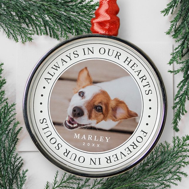 Pet Memorial Always In Our Hearts Modern Photo Metal Ornament (Creator Uploaded)