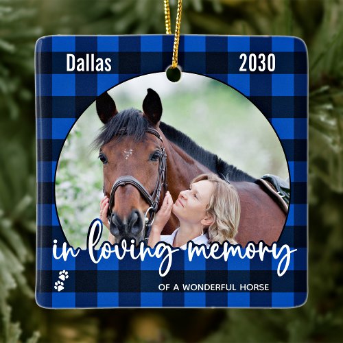 Pet Memorial Blue Plaid Horse Pet Loss Keepsake  Ceramic Ornament