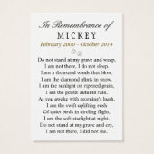 Pet Memorial Card Maroon Photo - Do Not Weep Poem (Back)