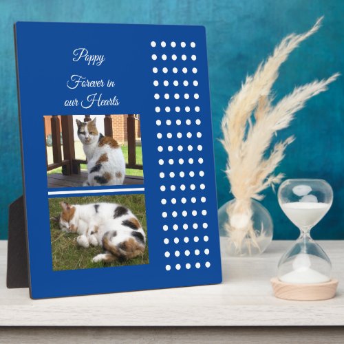 Pet memorial cat deep blue and white add photos plaque