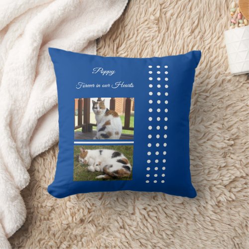 Pet memorial cat deep blue and white add photos throw pillow