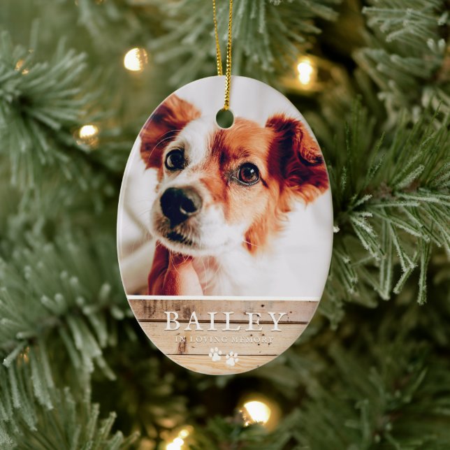 Pet Memorial Country Rustic Woodsy Paws Photo Ceramic Ornament (Tree)
