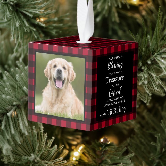 Pet Memorial Custom 3 Photo Red Buffalo Plaid Cube Ornament (Tree)