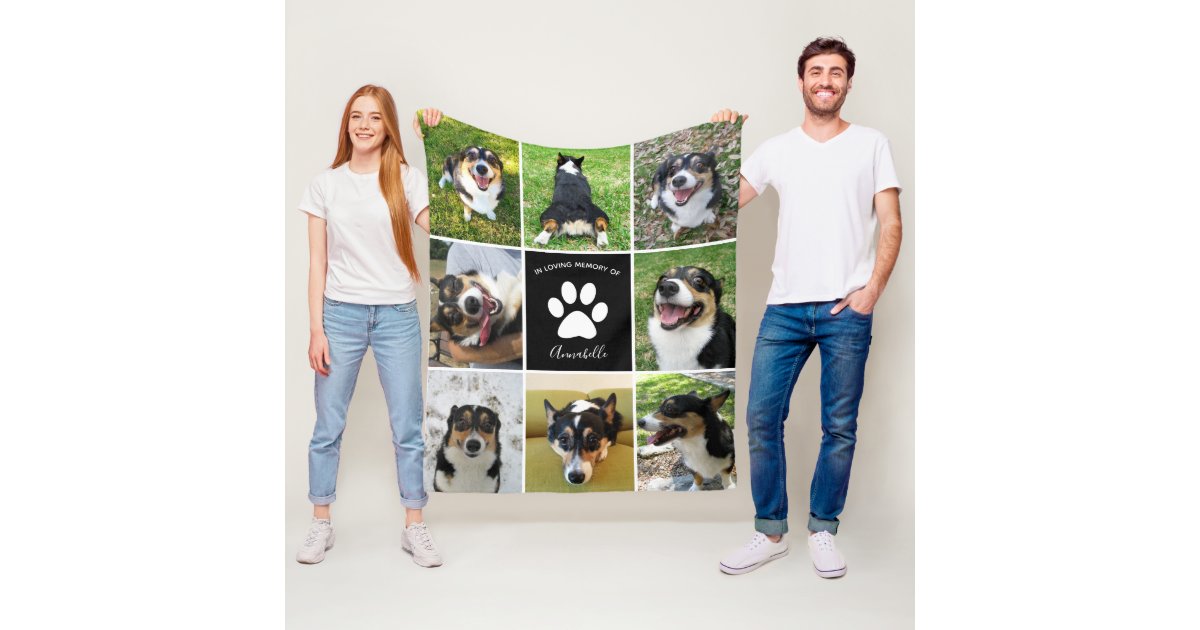 Pet Memorial Custom Dog Photo Collage Paw Print Fleece Blanket | Zazzle