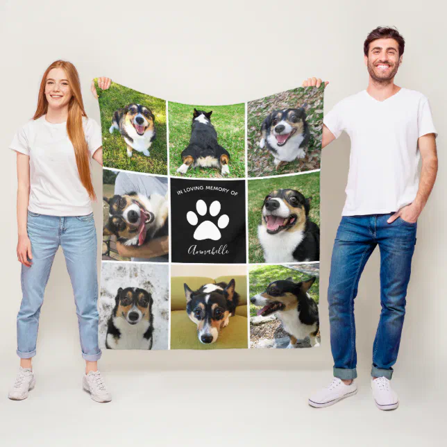 Pet Memorial Custom Dog Photo Collage Paw Print Fleece Blanket | Zazzle