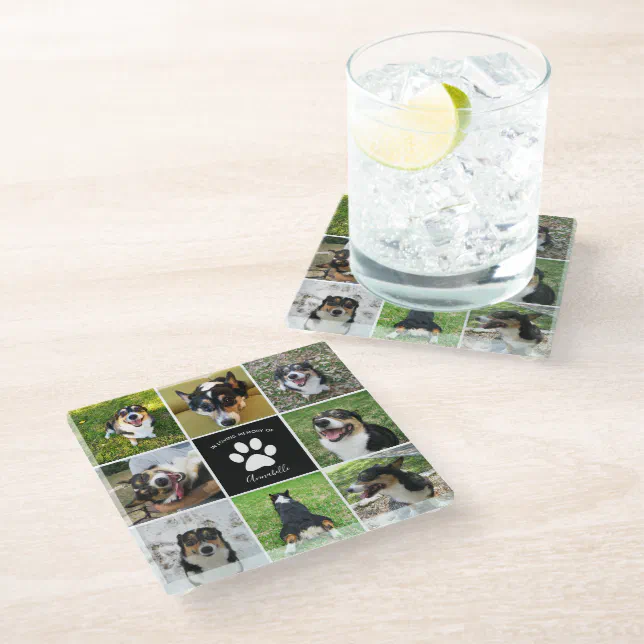 Pet Memorial Custom Dog Photo Collage Paw Print Glass Coaster | Zazzle