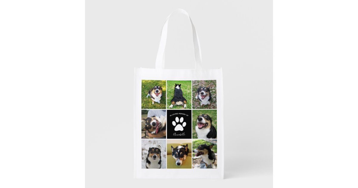 Pet Memorial Custom Dog Photo Collage Paw Print Grocery Bag | Zazzle