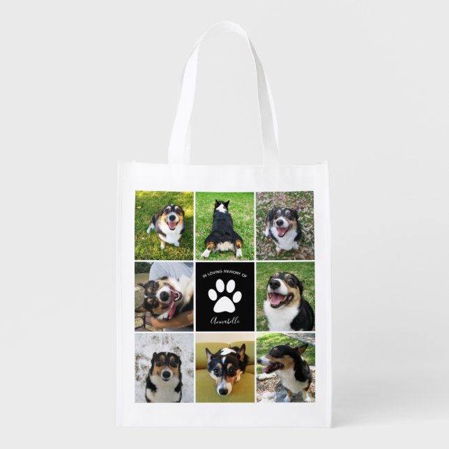 Pet Memorial Custom Dog Photo Collage Paw Print Grocery Bag (Front)