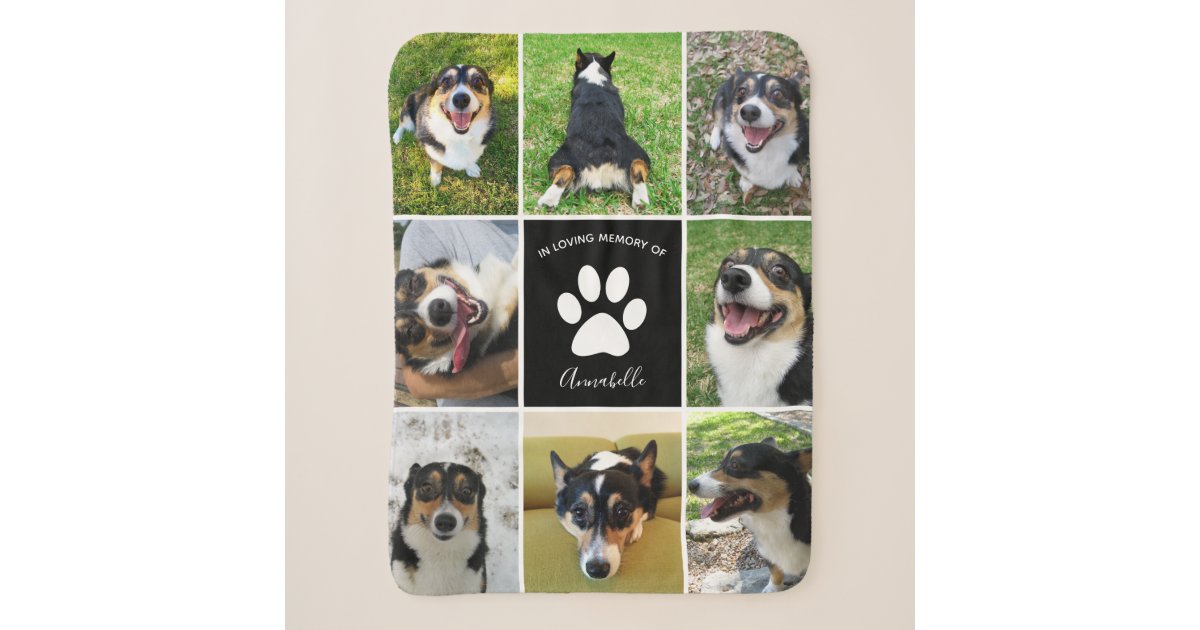 Pet Memorial Custom Dog Photo Collage Paw Print Sherpa Blanket | Zazzle