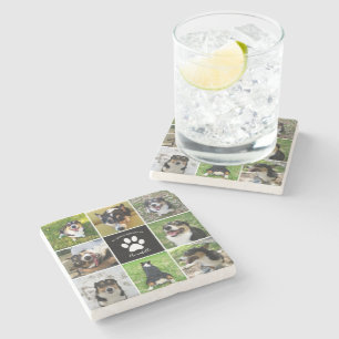Pet Memorial Custom Dog Photo Collage Paw Print Stone Coaster