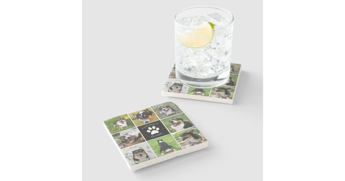Pet Memorial Custom Dog Photo Collage Paw Print Stone Coaster | Zazzle