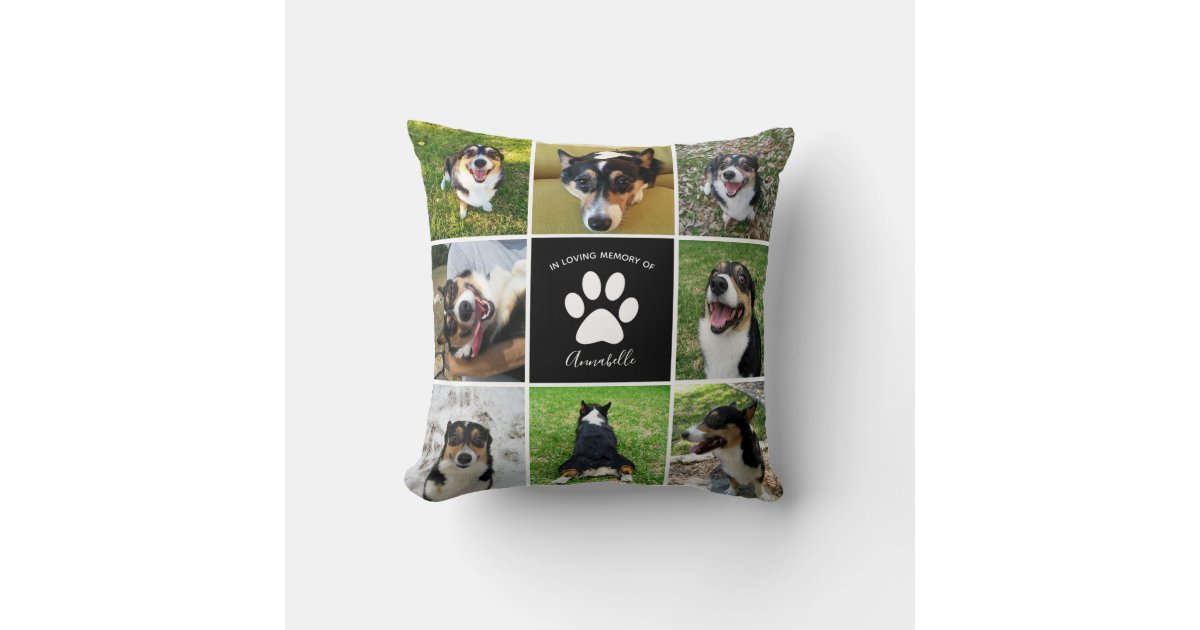 Pet Memorial Custom Dog Photo Collage Paw Print Throw Pillow | Zazzle