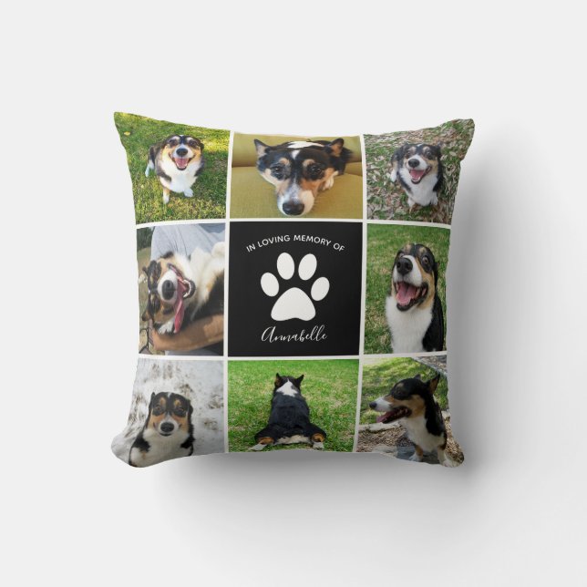 Pet Memorial Custom Dog Photo Collage Paw Print Throw Pillow (Front)