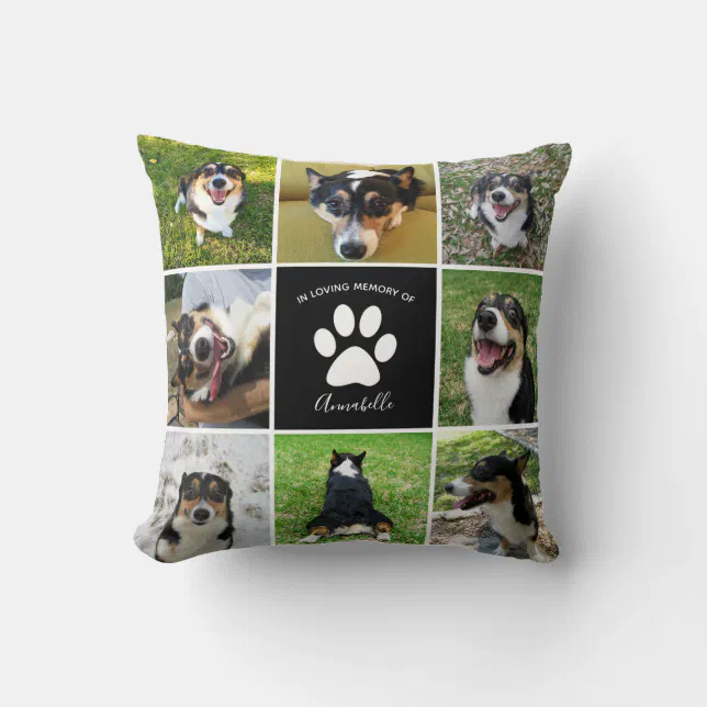 Pet Memorial Custom Dog Photo Collage Paw Print Throw Pillow | Zazzle