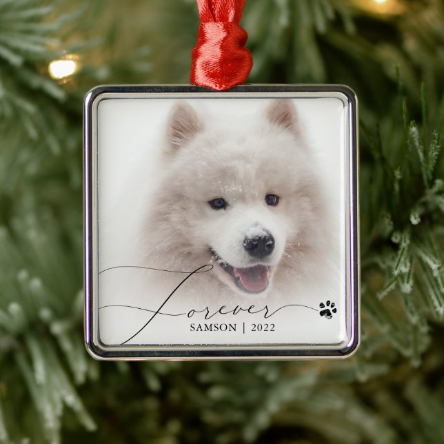 Pet Memorial | Custom Photo Dog Paw Print Metal Ornament (Tree)