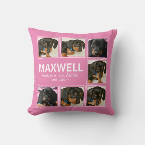 Pet Memorial Dog Photo Collage Remembrance Pink Throw Pillow