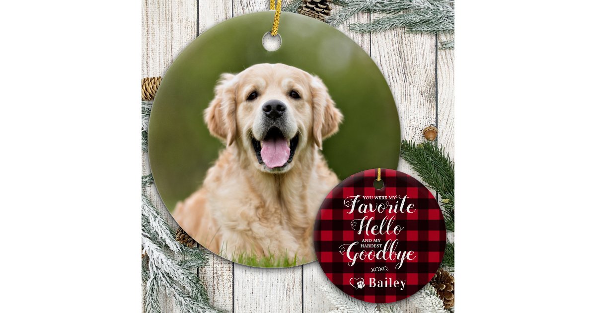 Pet Memorial Dog Photo Red Buffalo Plaid Pet Loss Ceramic Ornament | Zazzle