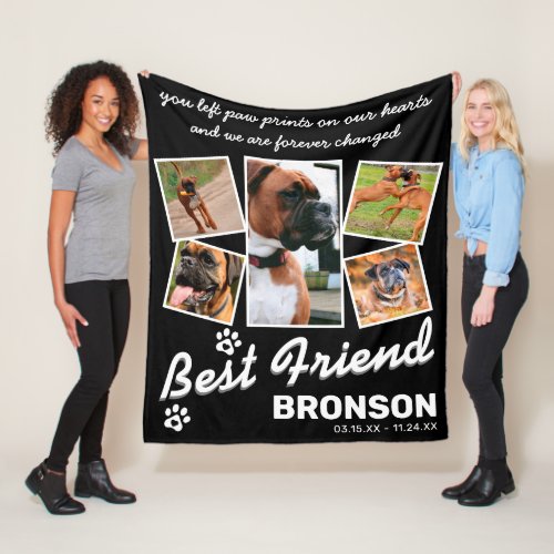 Pet Memorial Fleece Blanket - Personalized animal memorial blanket featuring a black & white theme, 5 photos of your beloved pet, a modern "best friend" typographic design, pawprints, the dog/cat name, a sympathy quote, and birth/death dates.