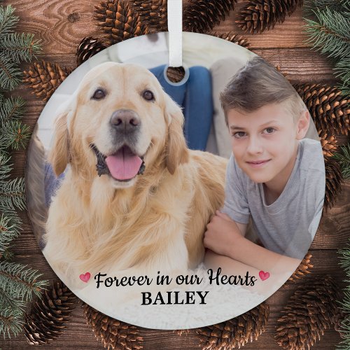 Pet Memorial Forever in our Hearts Modern 1 Photo Glass Ornament