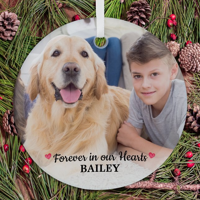 Pet Memorial Forever in our Hearts Modern Photo Glass Ornament (Creator Uploaded)