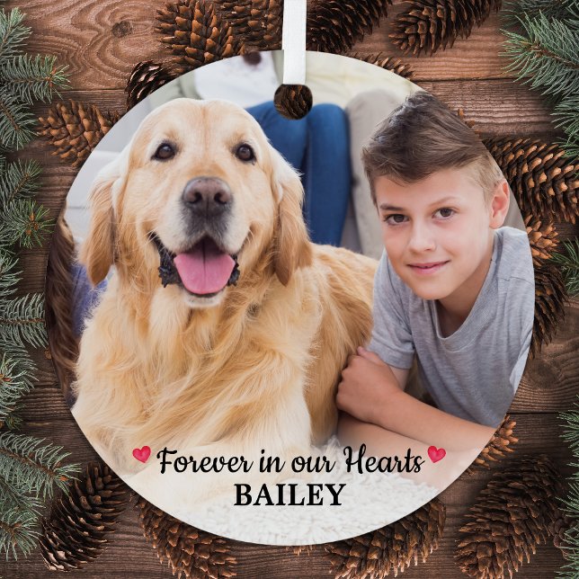 Pet Memorial Forever in our Hearts Modern Photo Metal Ornament (Creator Uploaded)