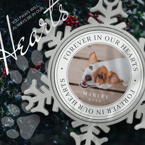 Pet Memorial Forever In Our Hearts Modern Photo Snowflake Pewter Christmas Ornament