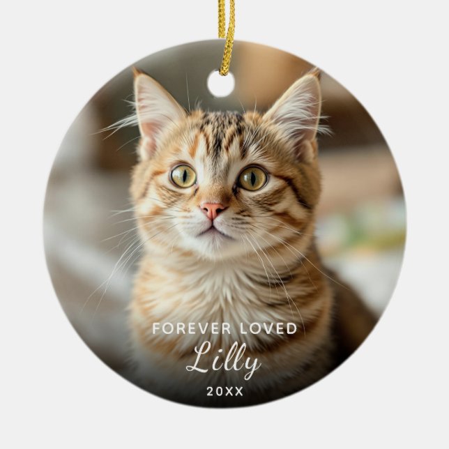 Pet Memorial Forever Loved Cat Photo Christmas Ceramic Ornament (Front)