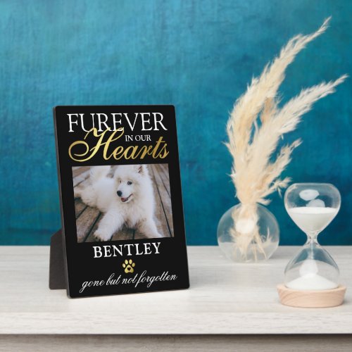Pet Memorial | Furever in our Heart Photo Plaque - Elegant pet memorial photo plaque featuring a photo of your beloved dog, the saying "furever in our hearts", your pets name, a faux gold foil paw print, and the sympathy saying "gone but not forgotten".