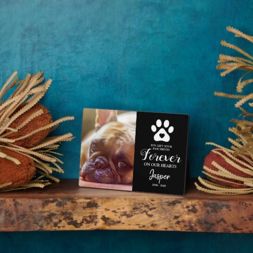 Pet Memorial Gift | Remembrance Plaque - Custom pet memorial picture plaque featuring a photo of your beloved animal, a paw print incorporating a heart, a sweet saying, their name and the dates.