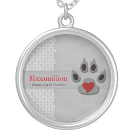 Pet Memorial Gray Dog Paw with Red Heart Silver Plated Necklace