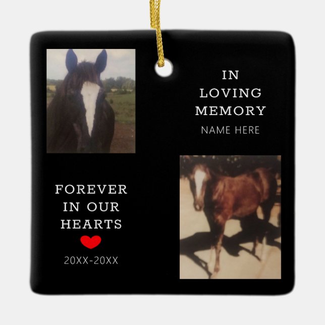  Pet Memorial Horse Photo Red Heart Personalized Ceramic Ornament (Front)