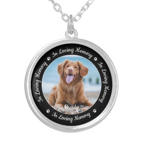 Pet Memorial In Loving Memory Custom Dog Photo  Silver Plated Necklace - Honor your best friend with a custom photo pet memorial necklace . This unique memorial keepsake is the perfect gift for yourself, family or friends to pay tribute to your loved one. This dog memorial necklace features a simple black and white design with decorative script.
Quote "In Loving Memory".
Customize with favorite dog, cat animal photo, name. 
COPYRIGHT © 2020 Judy Burrows, Black Dog Art - All Rights Reserved. Pet Memorial In Loving Memory Custom Dog Photo Silver Plated Necklace