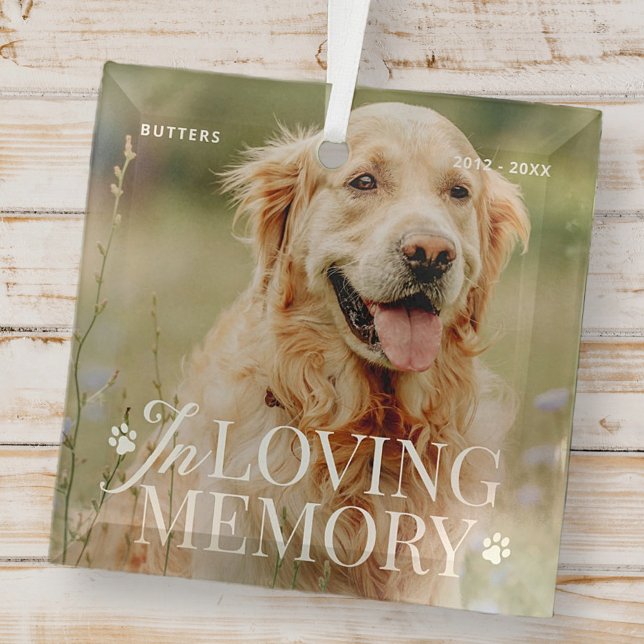 Pet Memorial In Loving Memory Modern Elegant Photo Glass Ornament (Creator Uploaded)