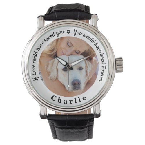 Pet Memorial Keepsake Personalized Dog Photo Watch - Honor your best friend with a custom photo pet memorial watch . This unique memorial keepsake is the perfect gift for yourself, family or friends to pay tribute to your loved one. This unique dog memorial watch features a simple black and white design with decorative script.
Quote "If Love could have saved you, you would have lived Forever".
Customize with favorite dog, cat animal photo, name. 
COPYRIGHT © 2020 Judy Burrows, Black Dog Art - All Rights Reserved. Pet Memorial Keepsake Personalized Dog Photo Watch 