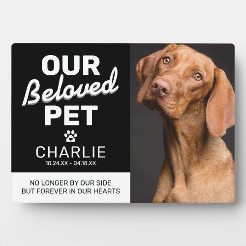 Pet Memorial Keepsake Photo Plaque - Personalized pet memorial plaque featuring a simple black & white color scheme, a family photo of your dog/cat, the words "our beloved pet", their name, dates, and a sweet saying.