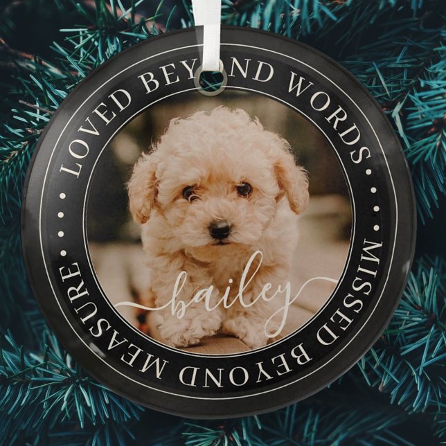 Pet Memorial Loved Beyond Words Elegant Chic Photo Glass Ornament (Creator Uploaded)