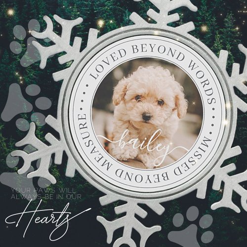 Pet Memorial Loved Beyond Words Elegant Chic Photo Snowflake Pewter Christmas Ornament