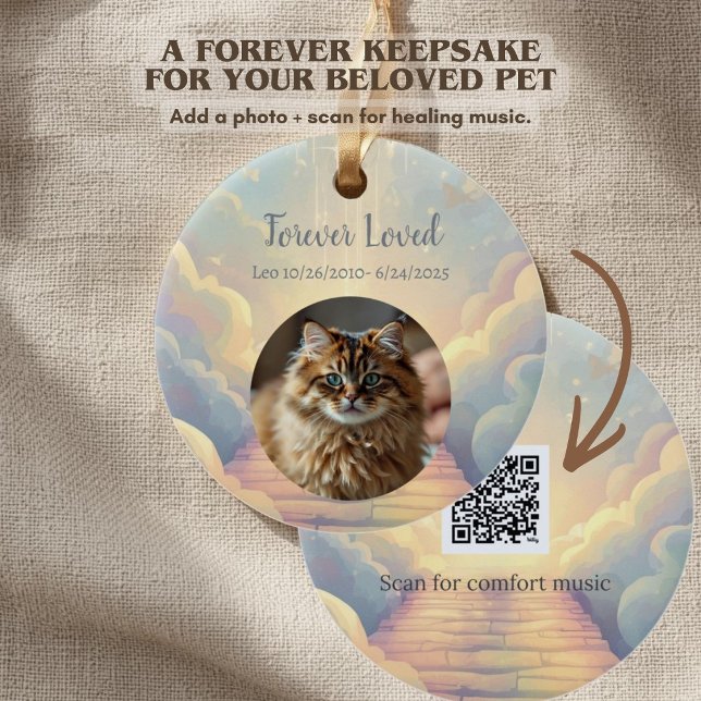 Pet Memorial Ornament with QR Code Grief Music (Customizable Rainbow Bridge pet memorial ornament with pet photo, name, dates, and a back QR code.)