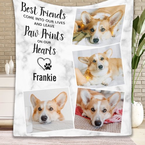 Pet Memorial Paw Prints Heart Photo Collage Fleece Blanket