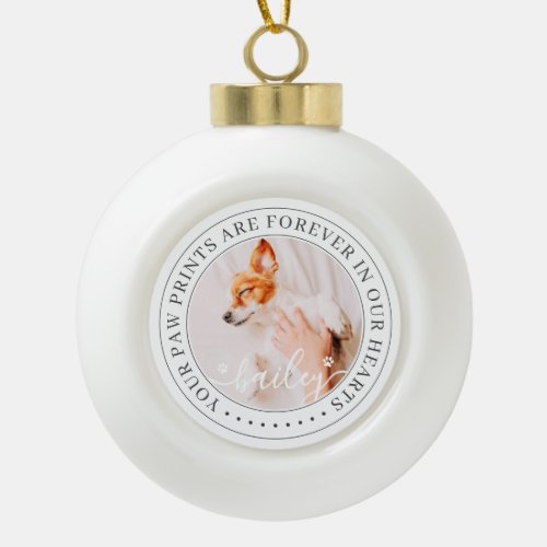 Pet Memorial Paw Prints Hearts Elegant Chic Photo Ceramic Ball Christmas Ornament