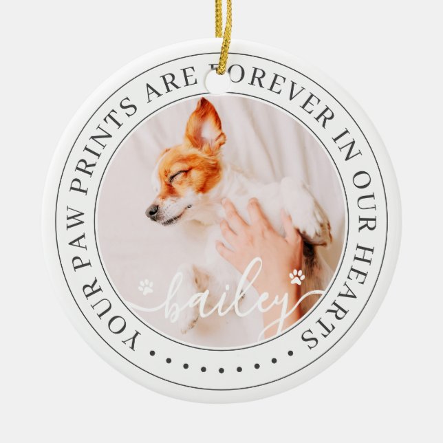 Pet Memorial Paw Prints Hearts Elegant Chic Photo Ceramic Ornament (Front)