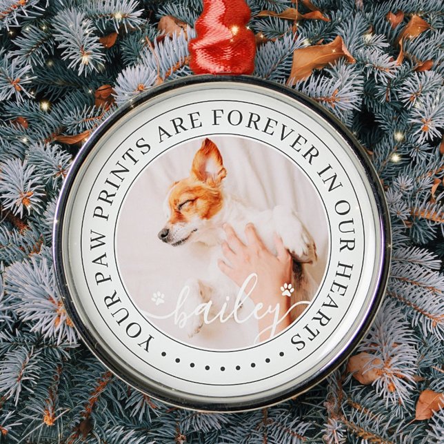 Pet Memorial Paw Prints Hearts Elegant Chic Photo Metal Ornament (Creator Uploaded)