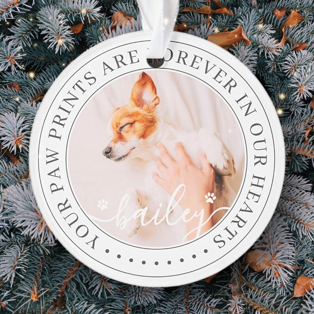 Pet Memorial Paw Prints Hearts Elegant Chic Photo Ornament (Creator Uploaded)
